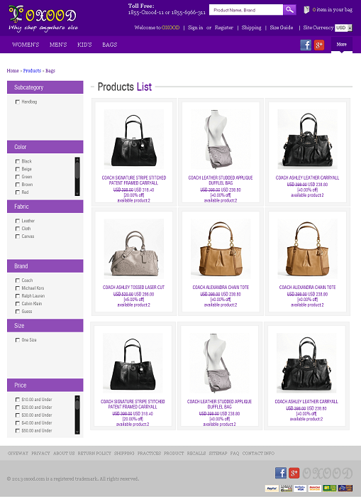 PHP eCommerce Website for Retail 'Oxood' - Handbags Store Online