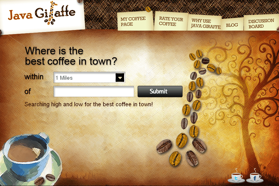 Travel Website in PHP for 'Java Giraffe' - Coffee Shop Directory