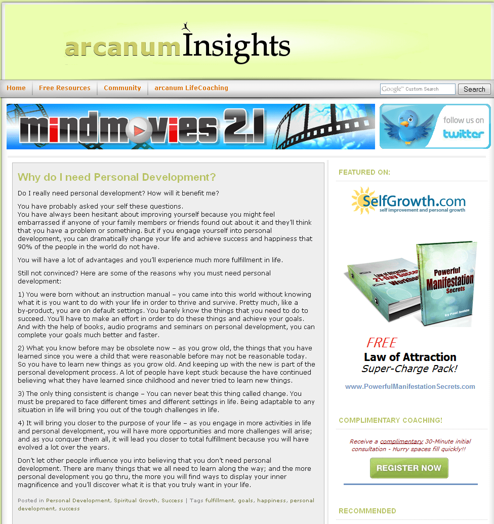  Website for Personal Trainer 'Arcanum Insights' in Wordpress